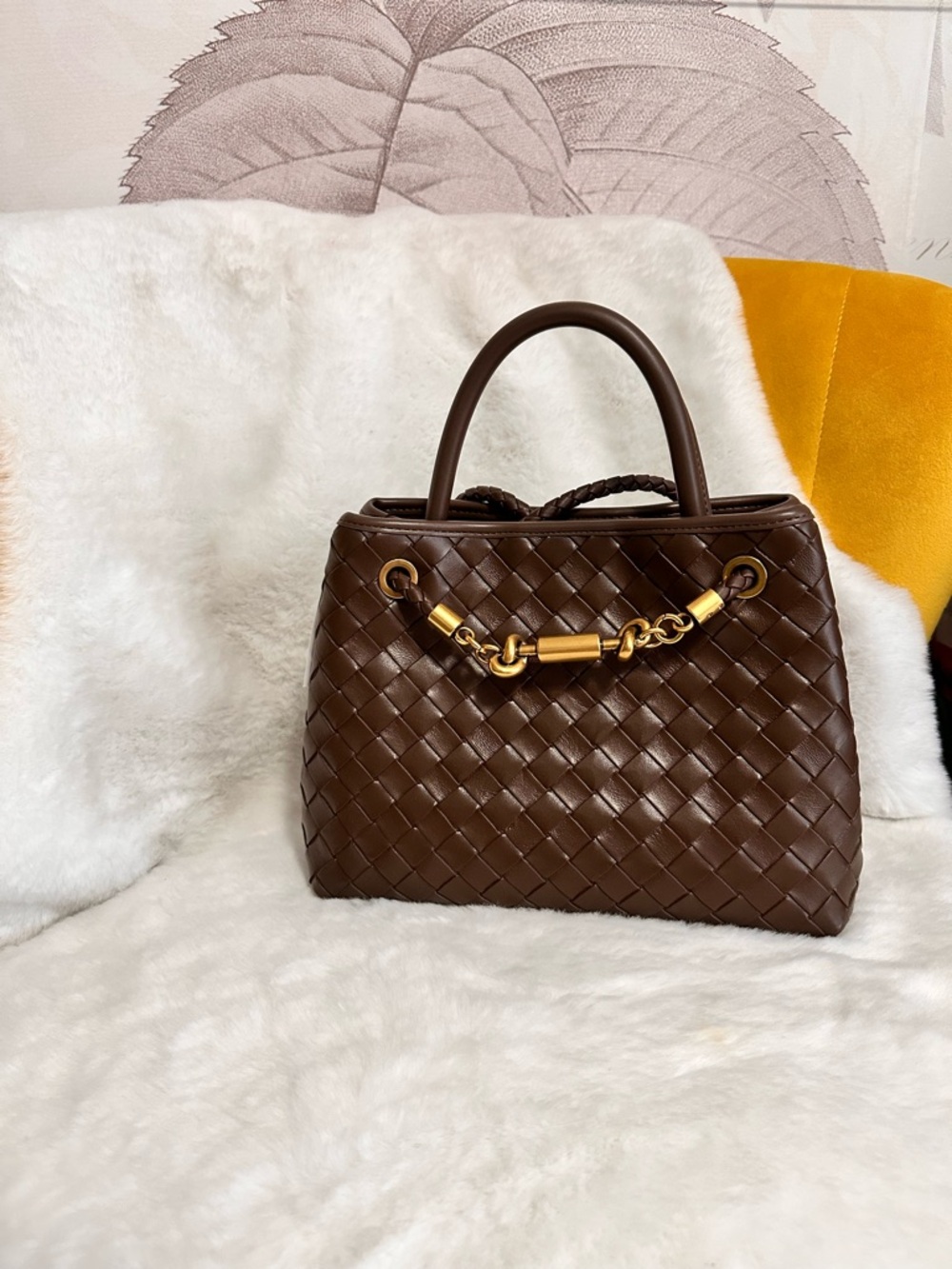 Woven Leather Satchel Handbag in Dark Brown with Gold Accents
